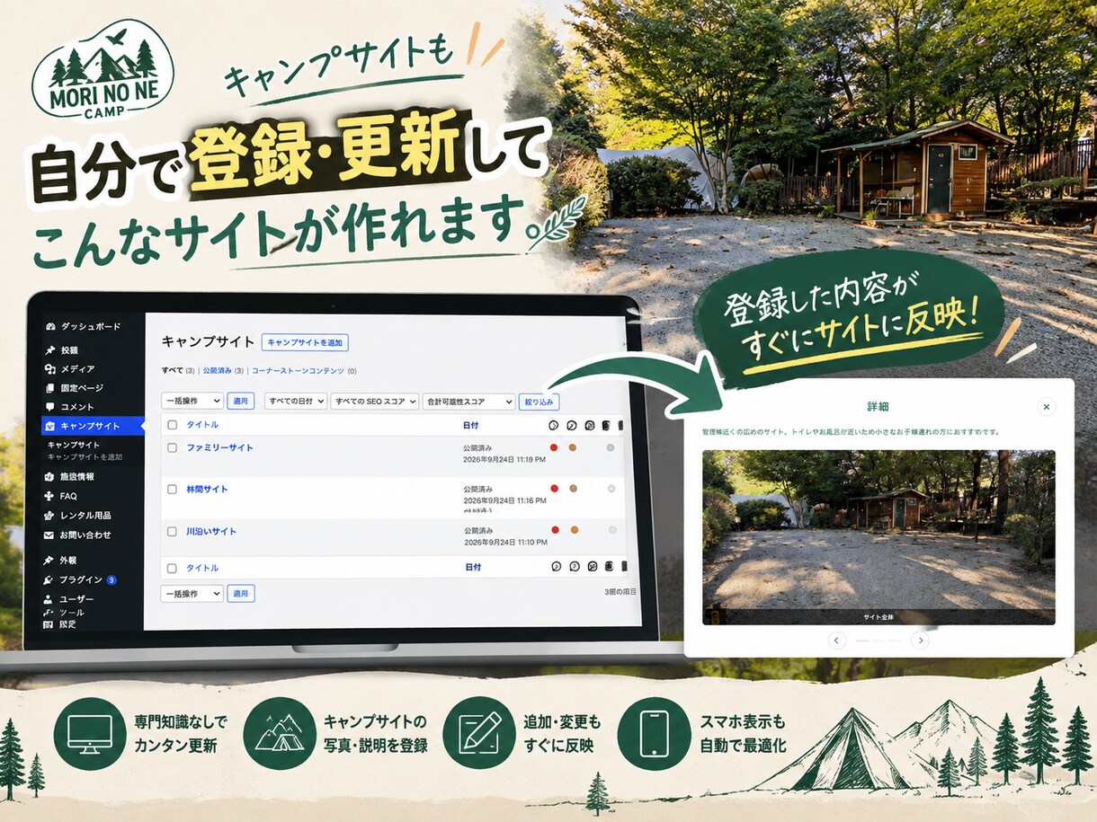 キャンプ場のWordPressサイトを制作します キャンプ場運営者様向けにオリジナルサイトを制作します イメージ2