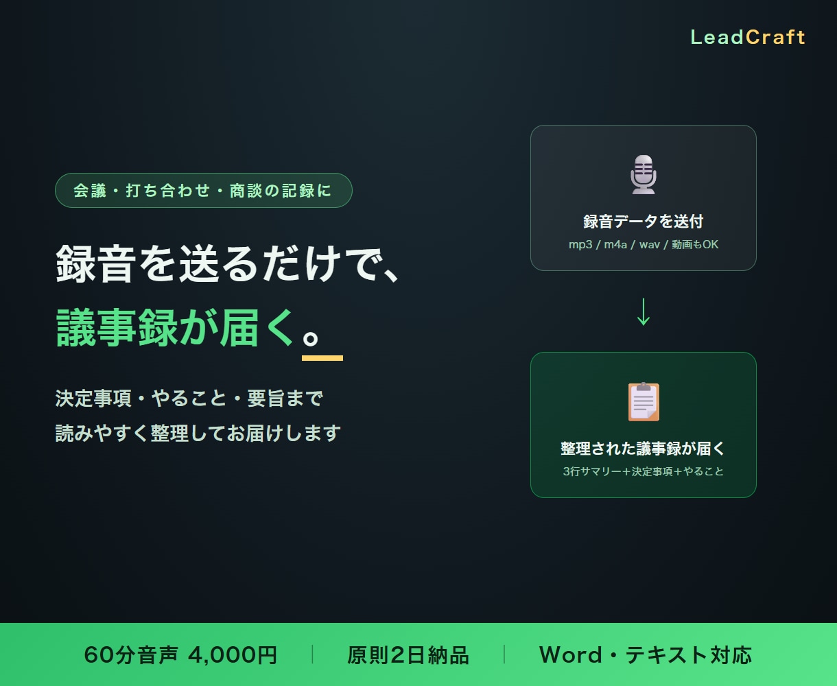 会議の録音データを議事録に仕上げます 録音を送るだけ｜決定事項とやることが一目で分かる形に イメージ1