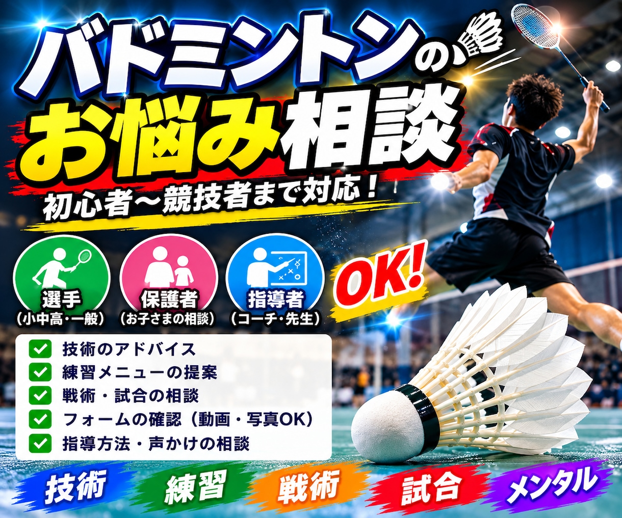 バドミントンのお悩みにアドバイスします 選手・保護者・指導者の悩みに対応 イメージ1