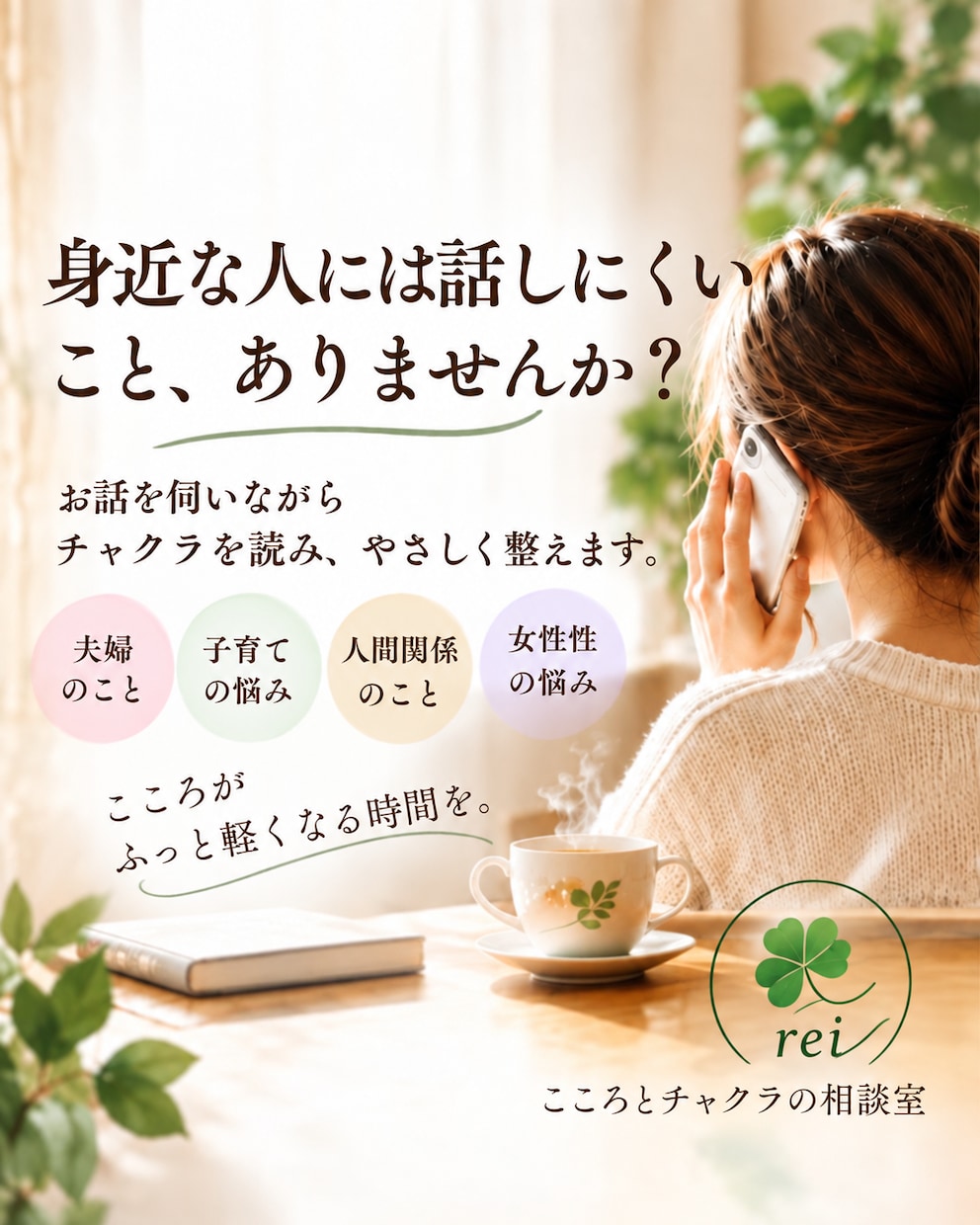 お悩みを聴きながらチャクラを整えます 夫婦・家族・自分自身の悩みを、ひとりで抱えないために イメージ1