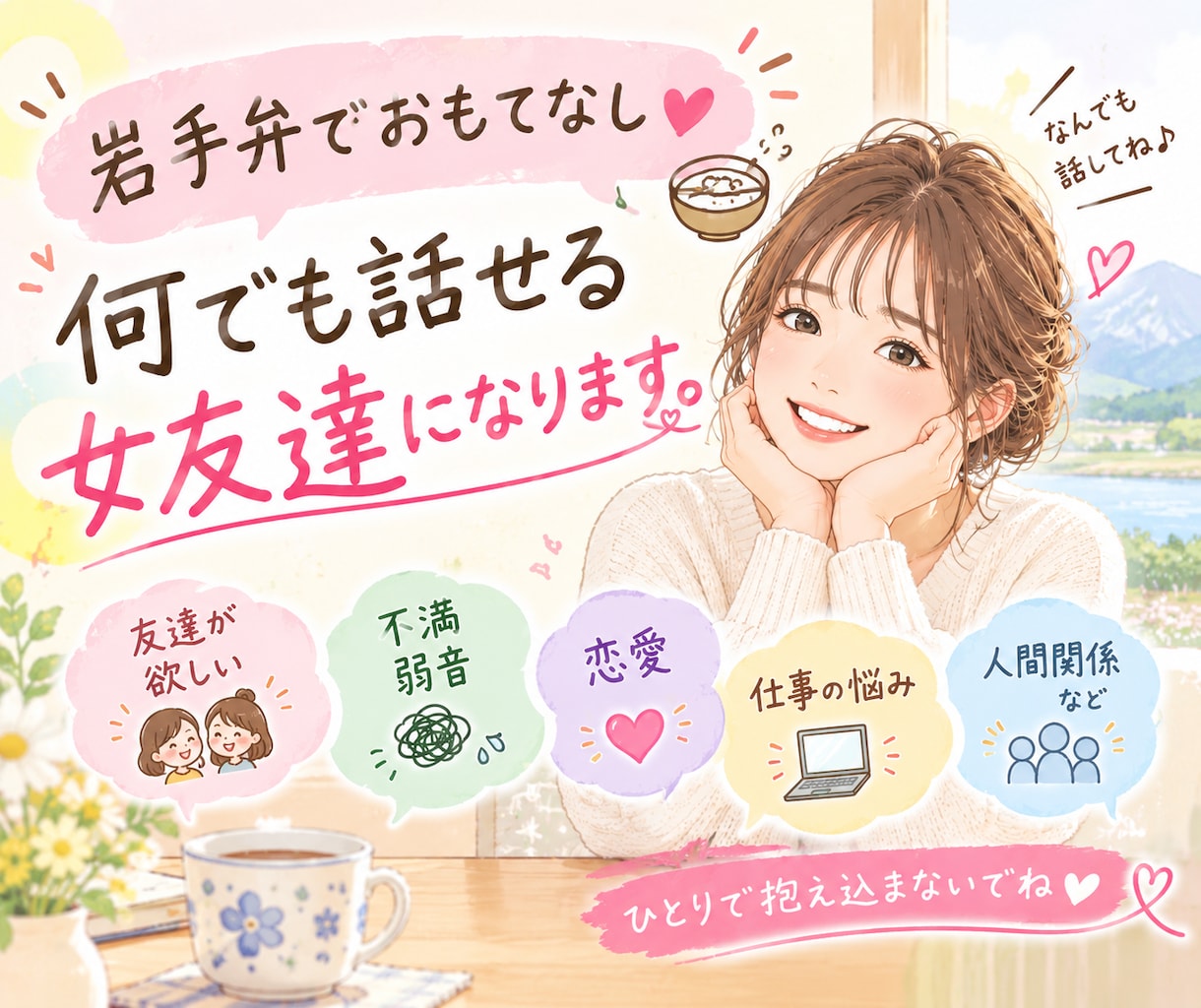 岩手弁でおもてなし♥️何でも話せる女友達になります 友達が欲しい/不満/弱音/恋愛/仕事の悩み/人間関係 イメージ1
