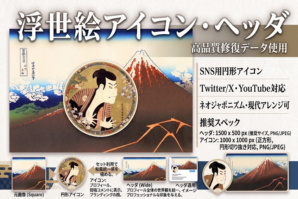 プロ修復の浮世絵でSNSアイコン＆ヘッダー作ります 【法人500社実績】高品質浮世絵から編集 イメージ2