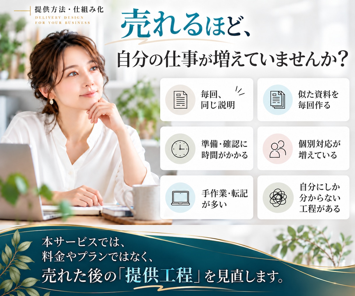 女性起業家の提供業務の仕組み化を設計します 売れた後の仕事を、残す・減らす・仕組みに分ける イメージ2