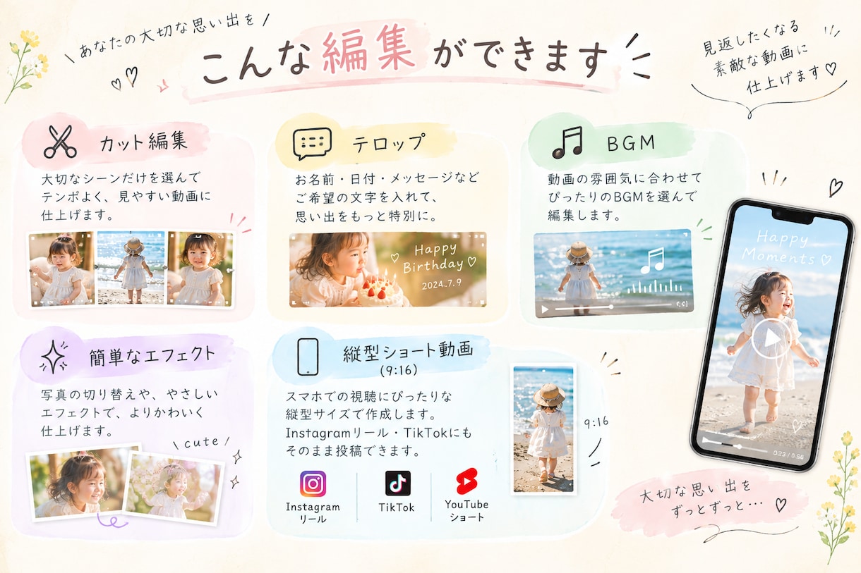 思い出動画を可愛く編集します 大切な思い出を素敵な動画にします❤︎ イメージ4