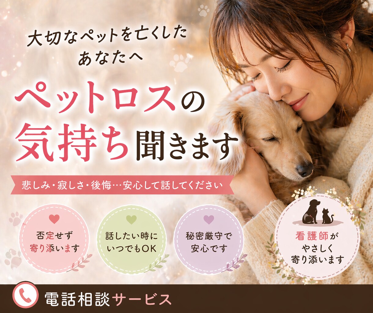ペットロス、老犬・猫介護。あなた思いに寄り添います 看護師が寂しさ・後悔・涙を否定せず受け止めます＊深夜も歓迎 イメージ1