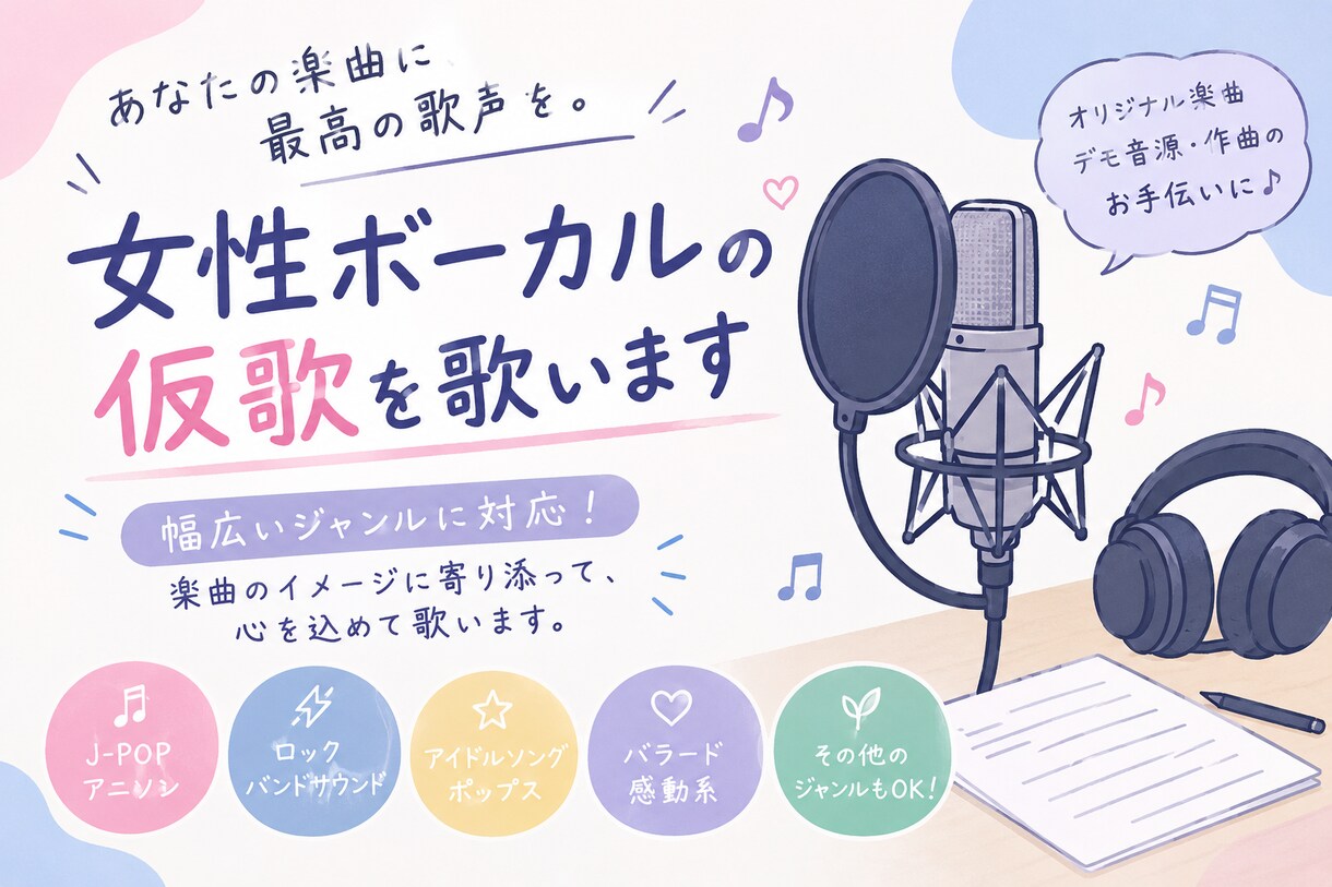 女性ボーカルの仮歌を心を込めて歌います 幅広いジャンルに対応！楽曲のイメージに寄り添って歌います イメージ1