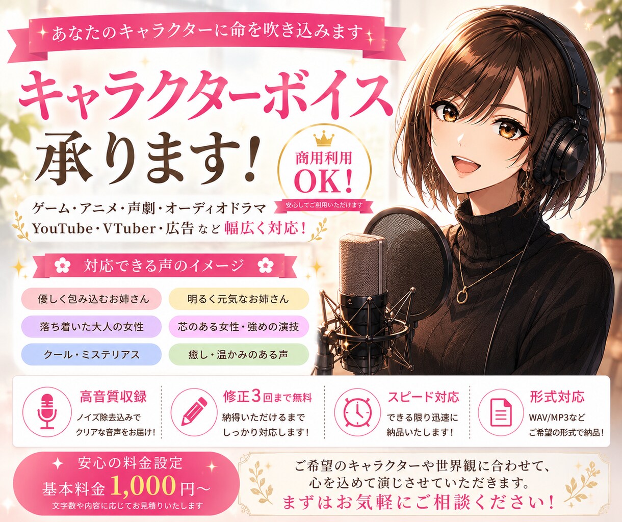 ご要望のお声と表現で女性全般幅広く対応いたします 女性だけのキャラクターボイス！お好みの声をお届けします！ イメージ1
