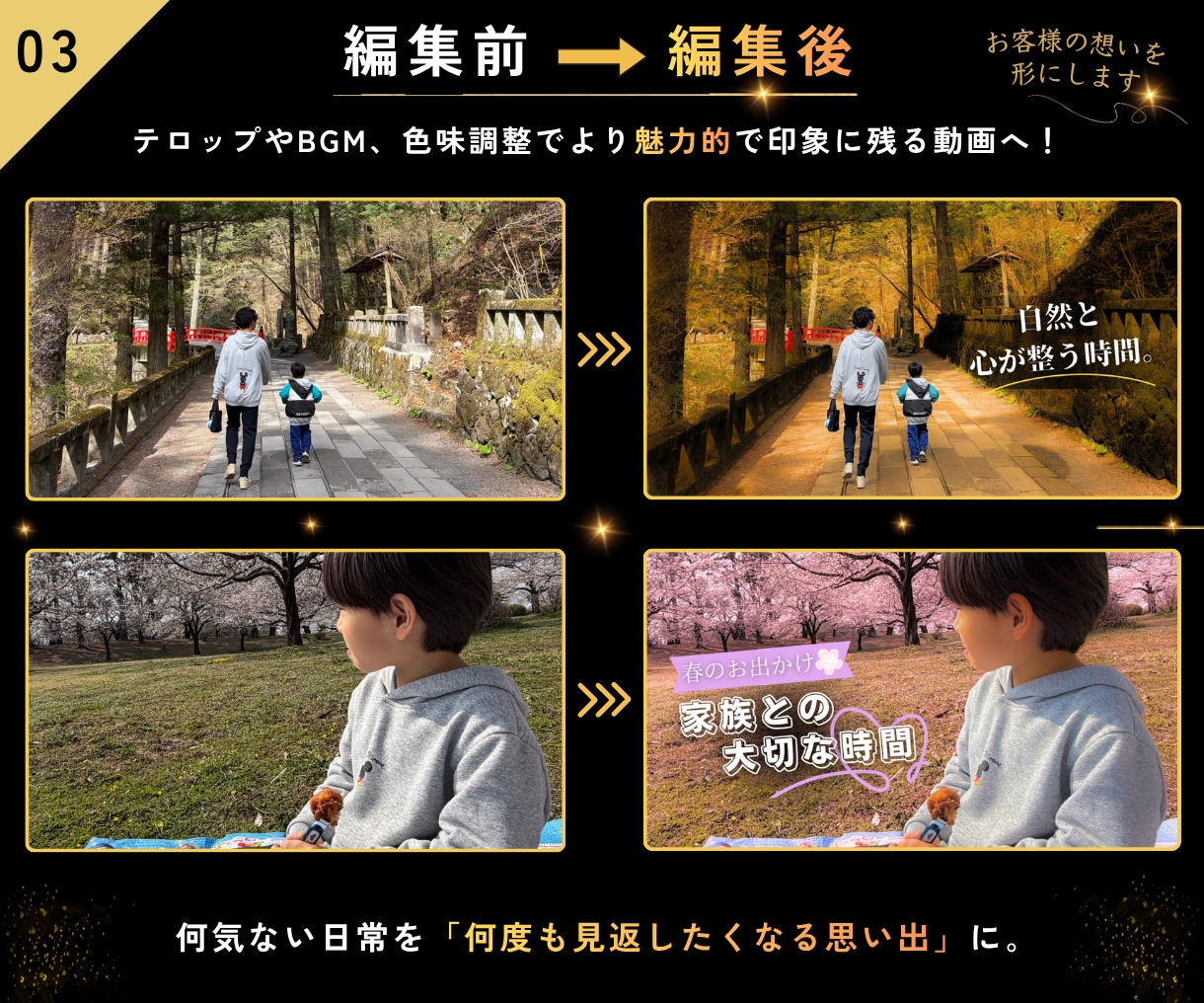 YouTube・思い出の動画を丁寧に編集します 大切な動画を、見やすく・伝わりやすく、丁寧に仕上げます イメージ3