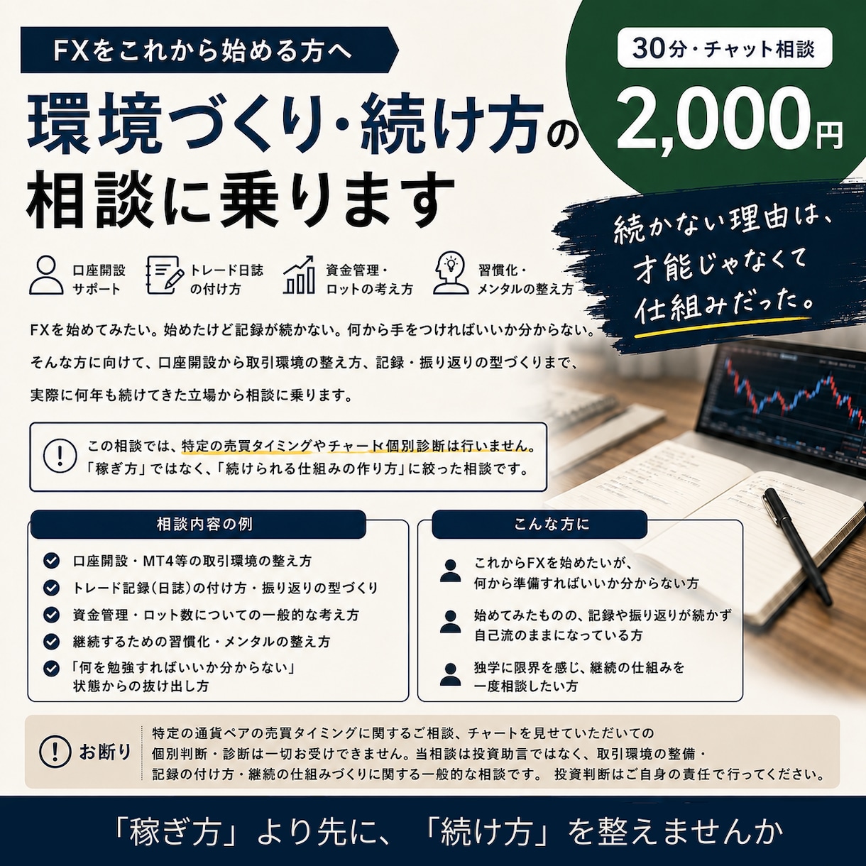 モニター募集：FXに関するあらゆる相談に乗ります 「稼ぎ方」より先に、「続け方」を整えませんか イメージ1