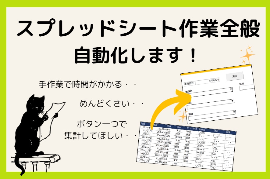 スプレッドシートの作業全般、自動化ツール作成します 時間のかかる集計作業や分析業務の自動化おまかせください！ イメージ1