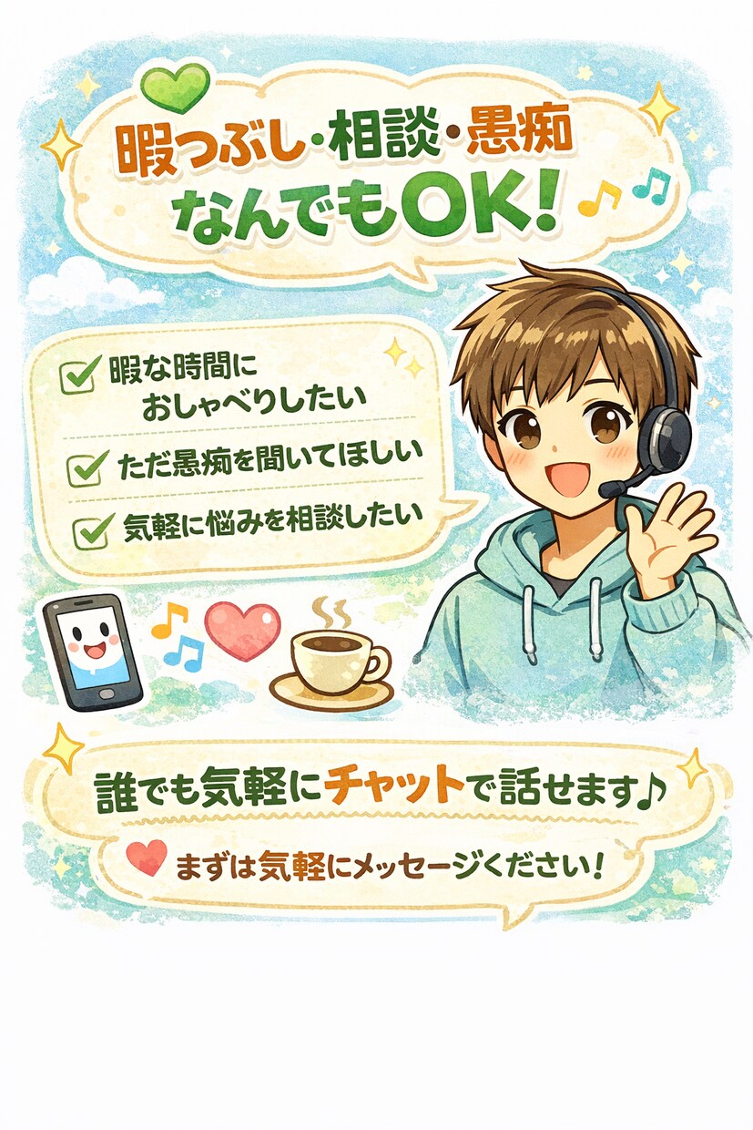 暇つぶしOK！雑談・悩みなんでもチャットで聞きます 雑談、悩み相談、愚痴、恋愛、仕事のモヤモヤなど何でもOKです イメージ1