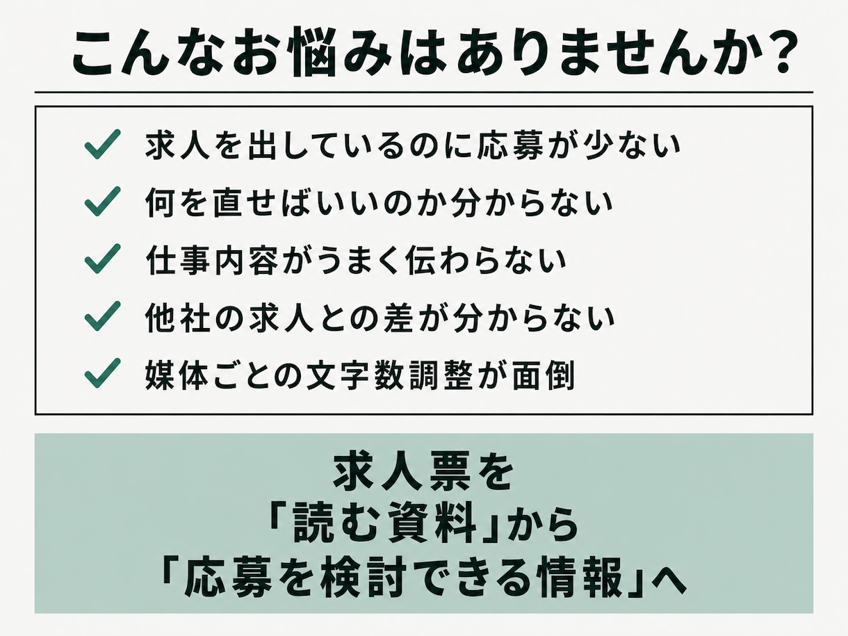 応募が来ない求人票を診断し完成原稿に書き直します 採用歴10年・法令チェック込みで求人を診断 イメージ2