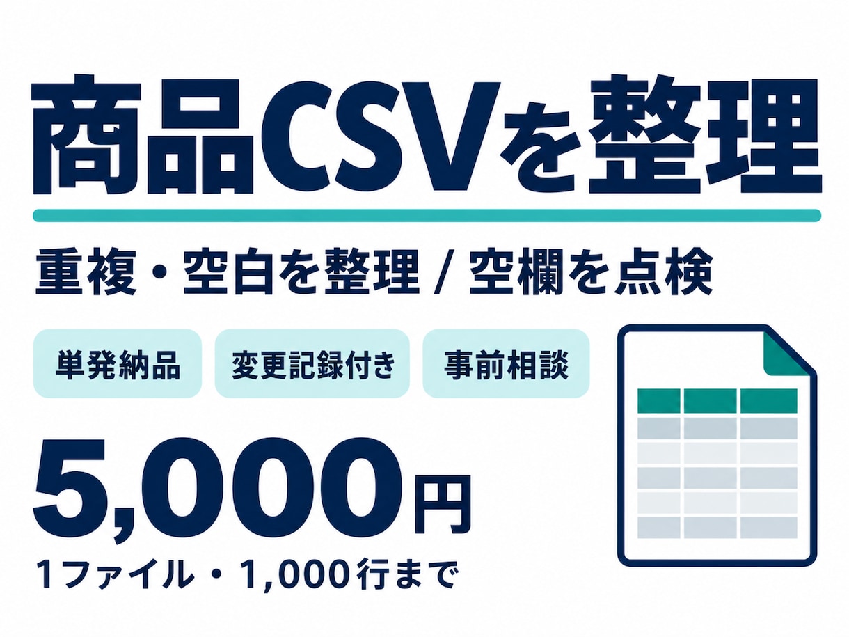 商品CSVの重複や空欄を点検・整理します 整理済みデータと変更記録を、一度の納品で イメージ1