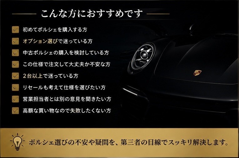 ポルシェ購入前の見積・仕様をチェックします 高額なポルシェだからこそ、ご購入前にセカンドオピニオンを是非 イメージ4