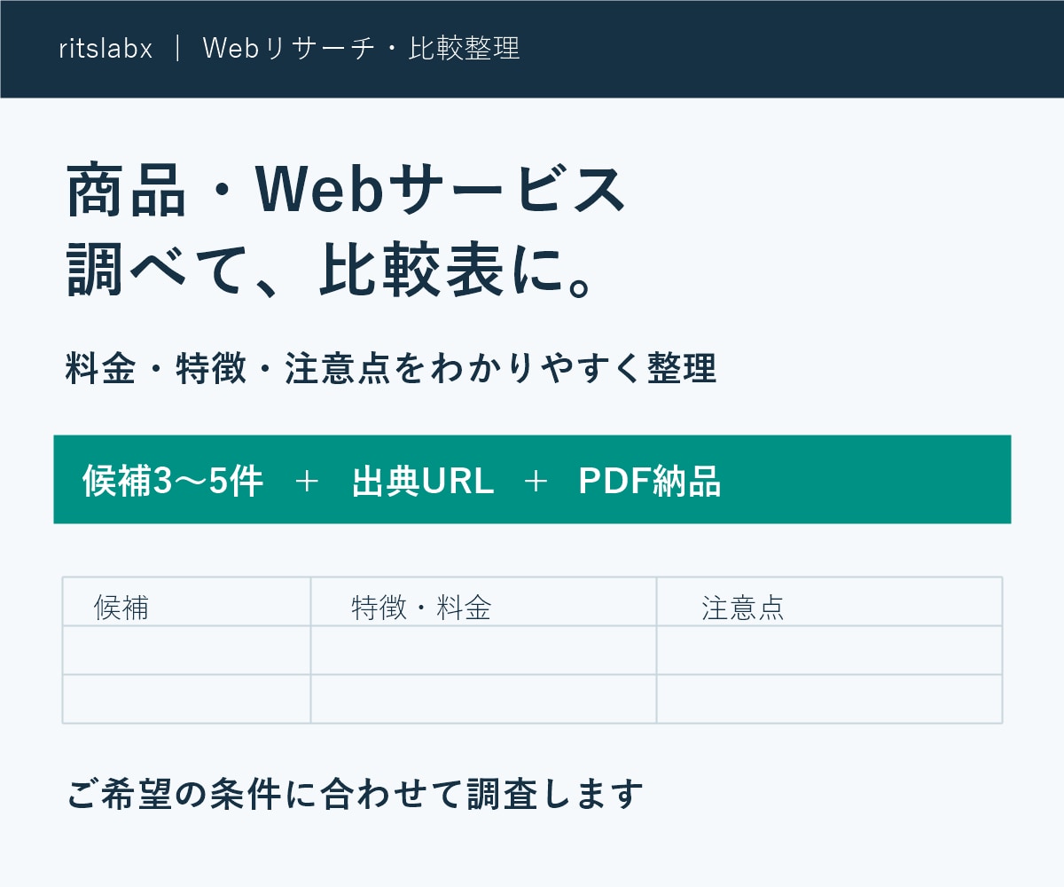 商品・Webサービスを調べて比較表にまとめます 料金・特徴・注意点を出典付きで整理します イメージ1