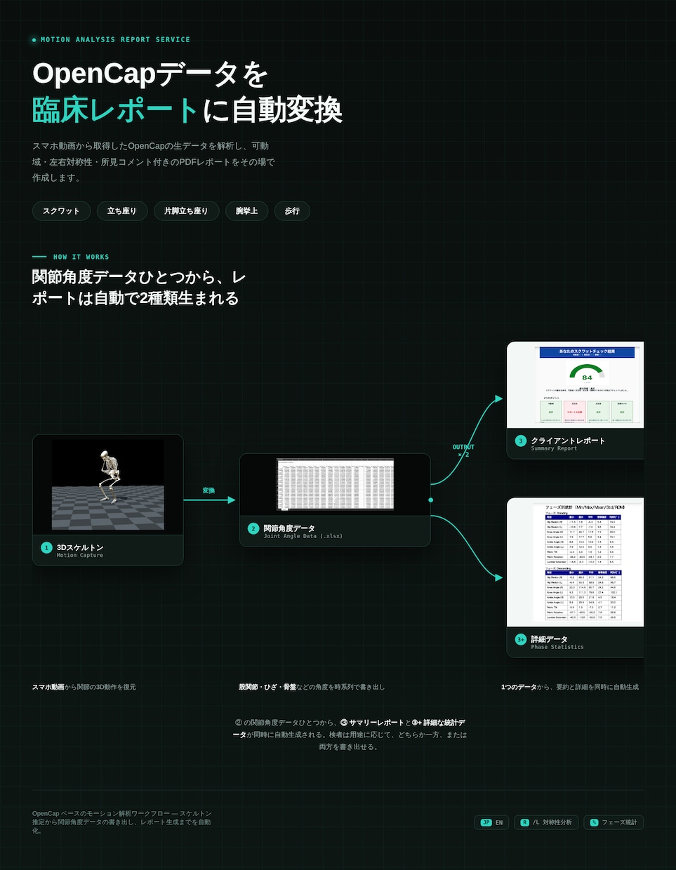 OpenCap動作解析をPDFレポート化します 5動作対応。ROM・左右対称性・所見コメント付きPDF作成 イメージ10