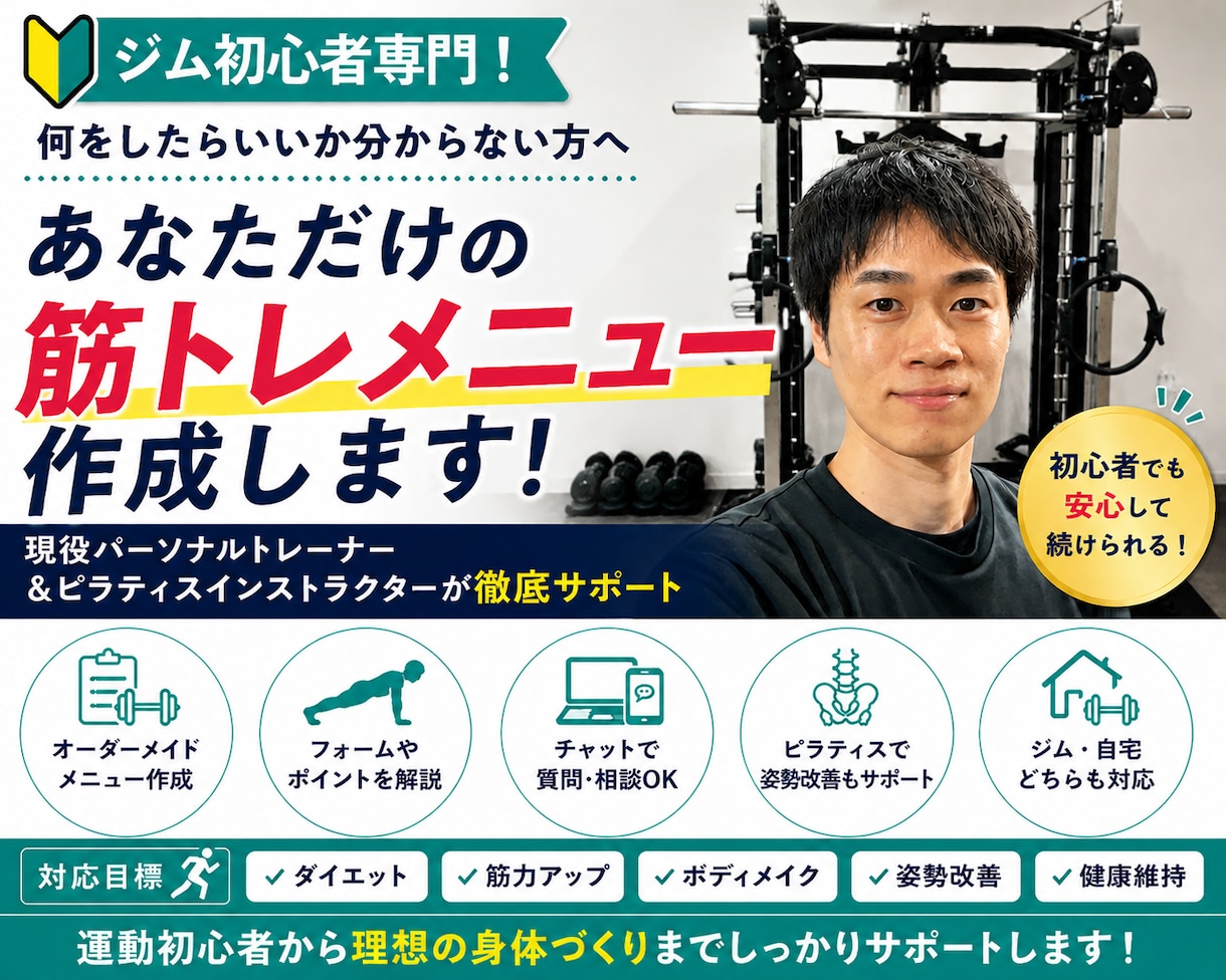 初心者歓迎！あなた専用の筋トレメニューを作成します 現役トレーナー＆ピラティス講師が徹底サポート！ イメージ1