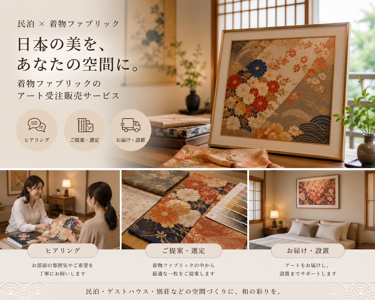 民泊が激変します！着物アート制作します 民泊予約率UP！Airbnbで選ばれる一点物アート制作します イメージ1