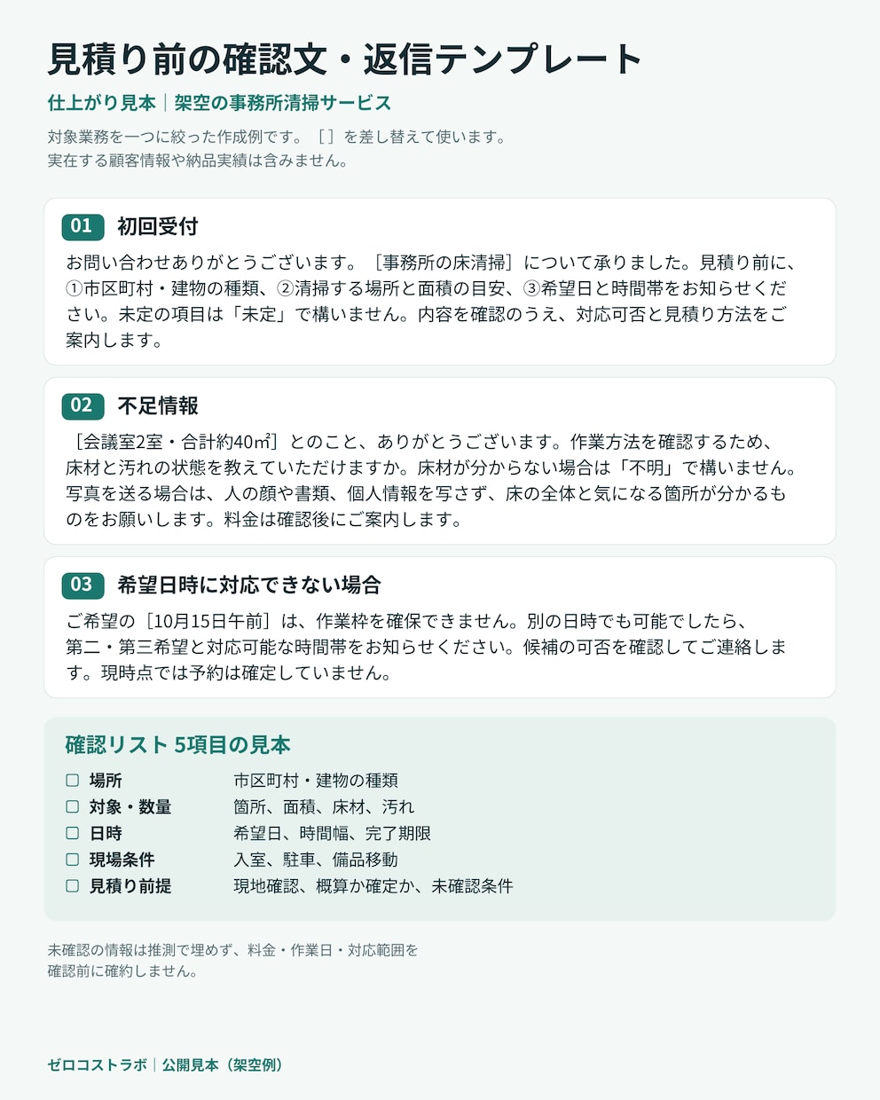 問い合わせ返信テンプレート20本を作ります 清掃・修理・店舗予約の確認不足を防ぐ文面20本 イメージ5