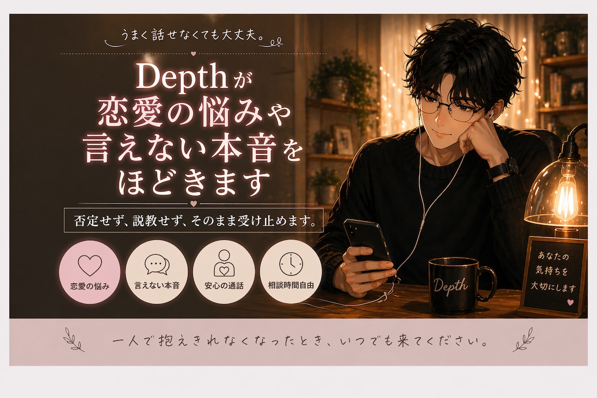 Depthが恋愛の悩みや言えない本音をほどきます うまく話せなくても大丈夫。否定せず、そのまま受け止めます。 イメージ1