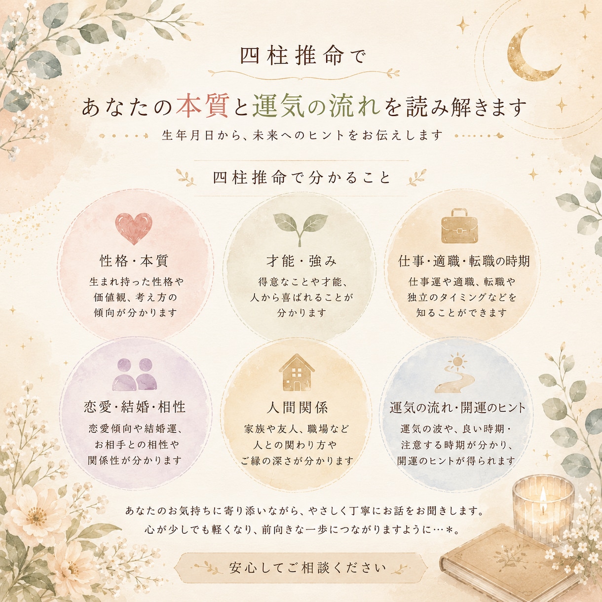 優しく寄り添う四柱推命｜本質を丁寧に読み解きます あなたの本質を読み解き、心が少し軽くなる鑑定をお届けします。 イメージ2