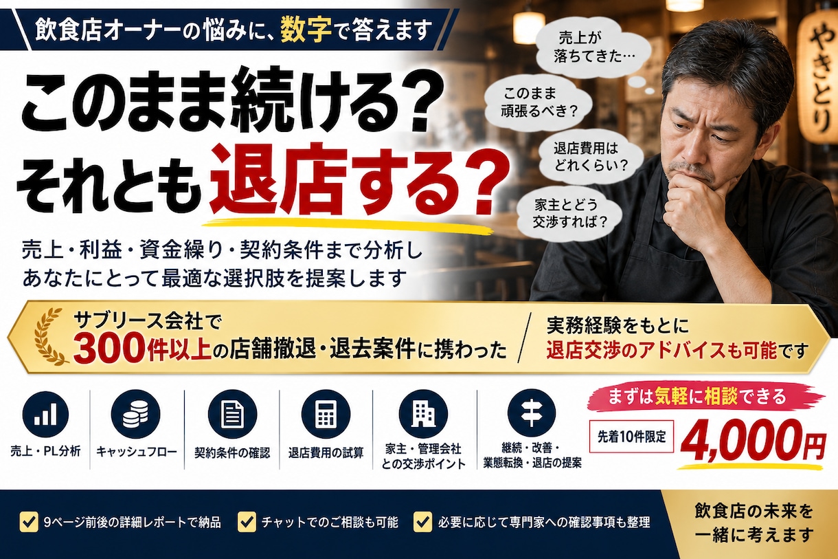 飲食店の退店判断と家主交渉を支援します 300件超の撤退・退去案件経験からアドバイス イメージ1
