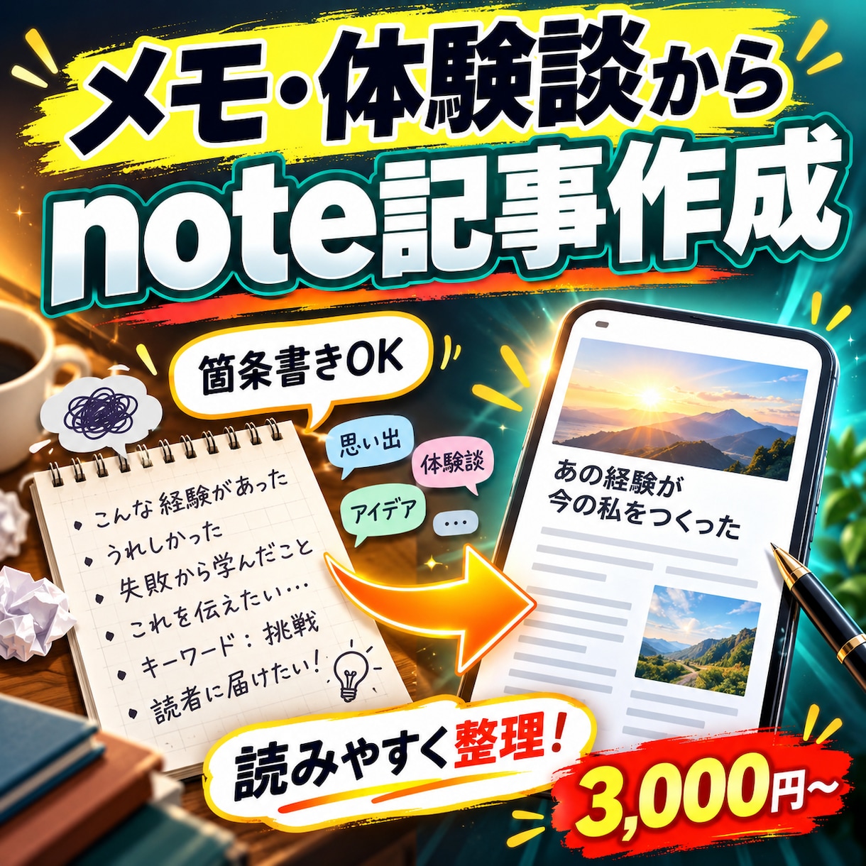 メモ・体験談から読みやすいnote記事を作成します あなたの経験や言葉を残しながら、伝わる記事に整えます イメージ1