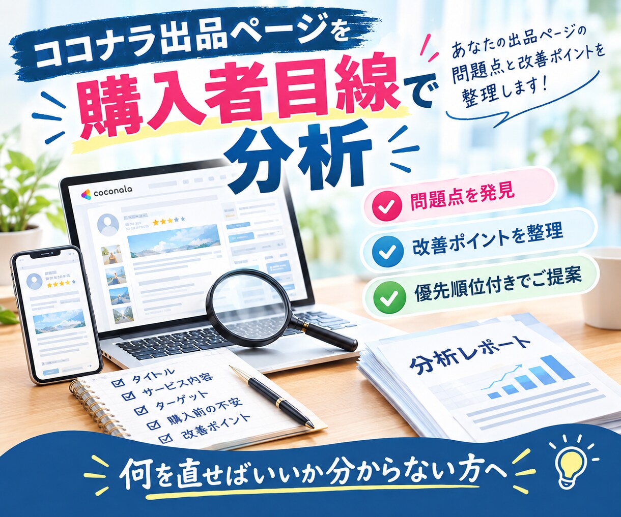 出品ページを購入者目線で分析し改善点を提案します ✅自分では気づきにくい問題点を優先順位付きで整理 イメージ1
