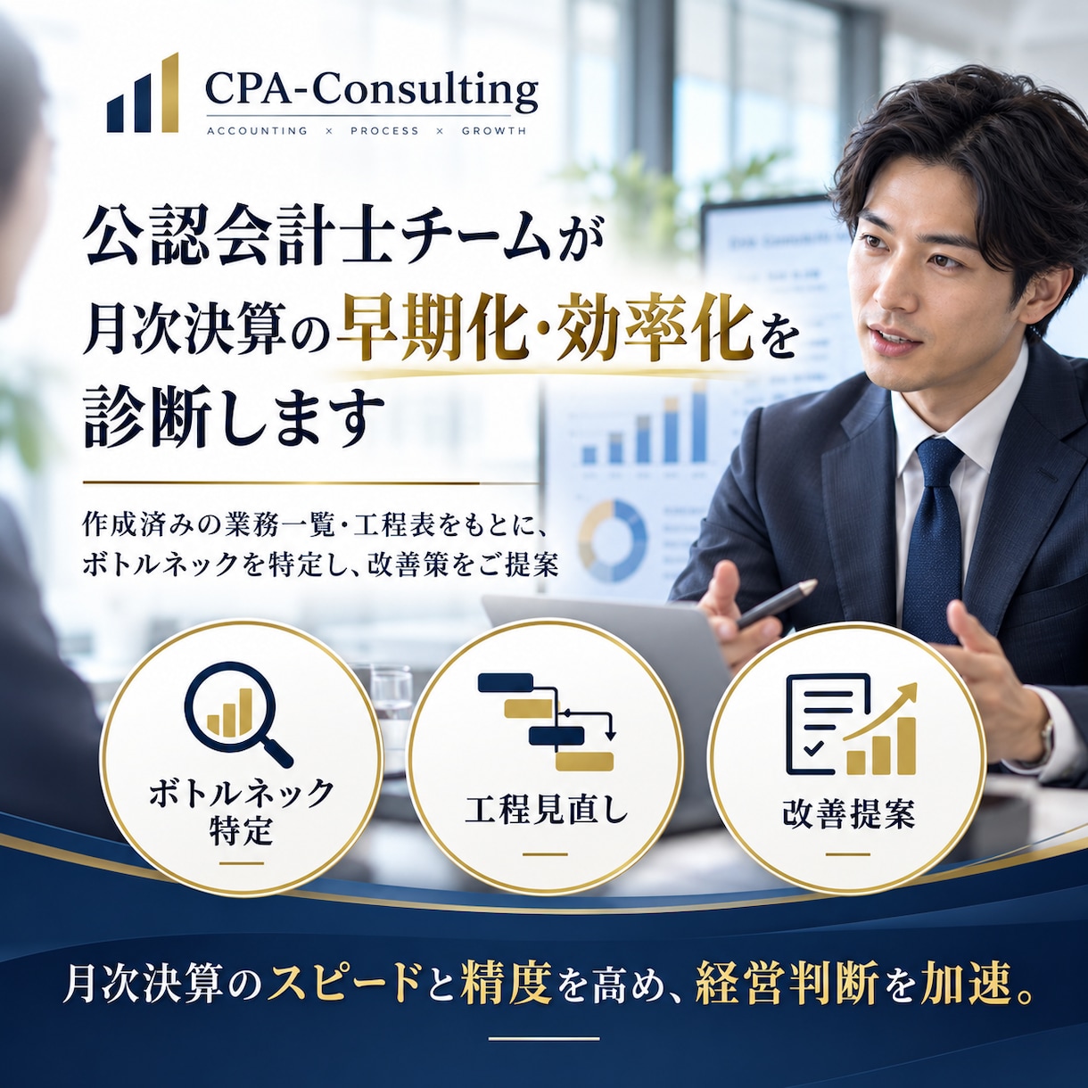 工程表による月次決算のスケジュール診断をします 業務一覧に基づき、月次決算のボトルネックを特定・改善します イメージ1