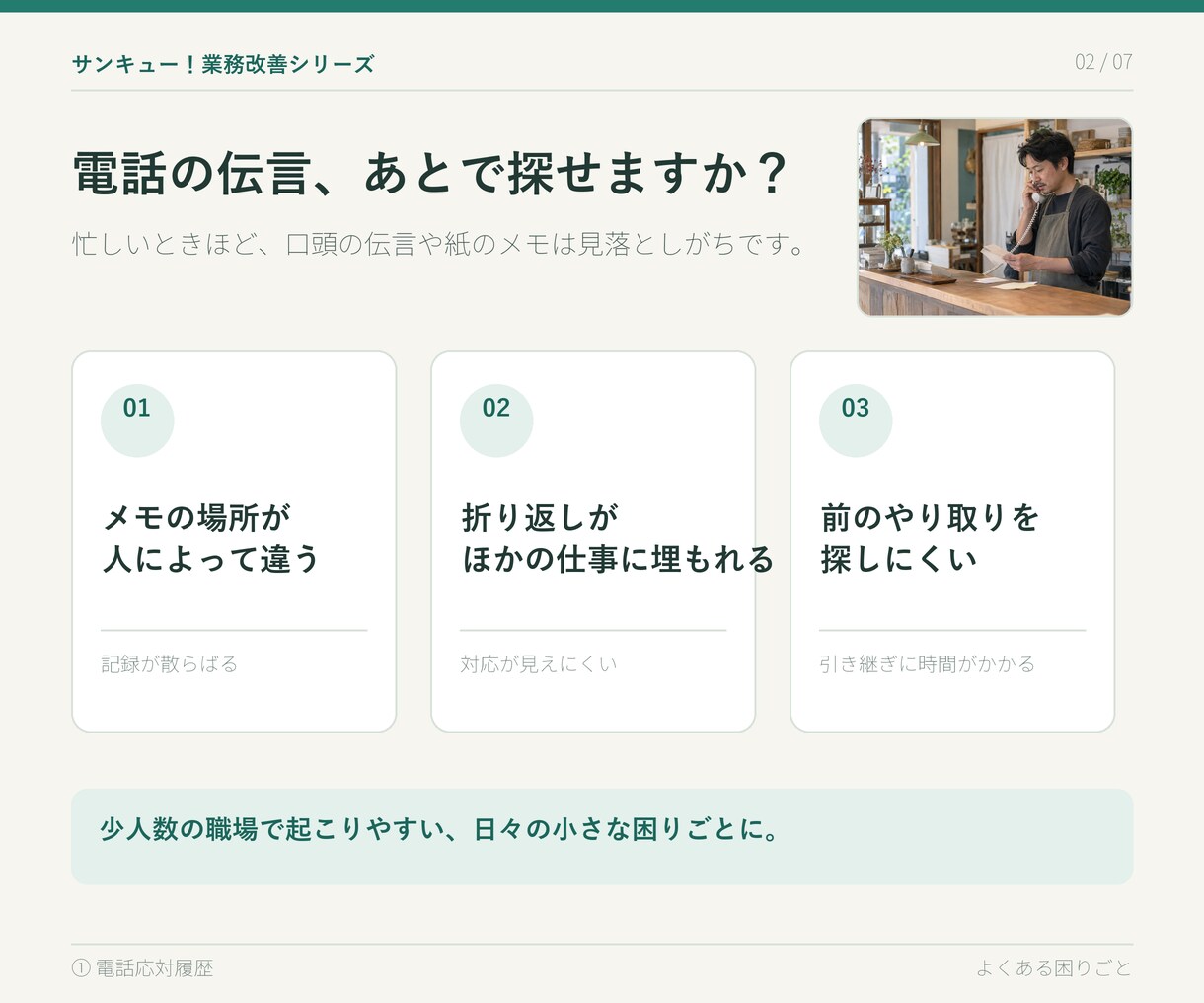 サンキュー！業務改善①電話応対履歴を管理します 目的特化のシンプルなシステムで、電話対応を見える化します。 イメージ2