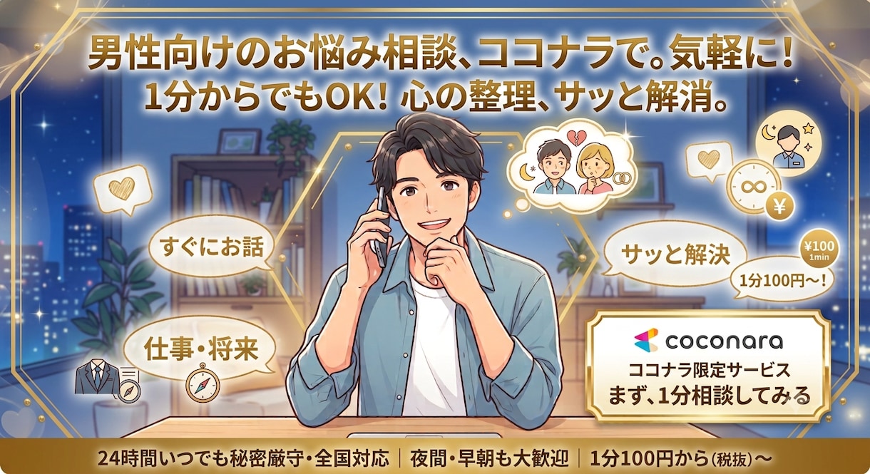 男性の仕事・恋愛・将来の悩みをお聞きします 男同士だから話せる弱音・仕事・恋愛｜1分から・否定なし イメージ1