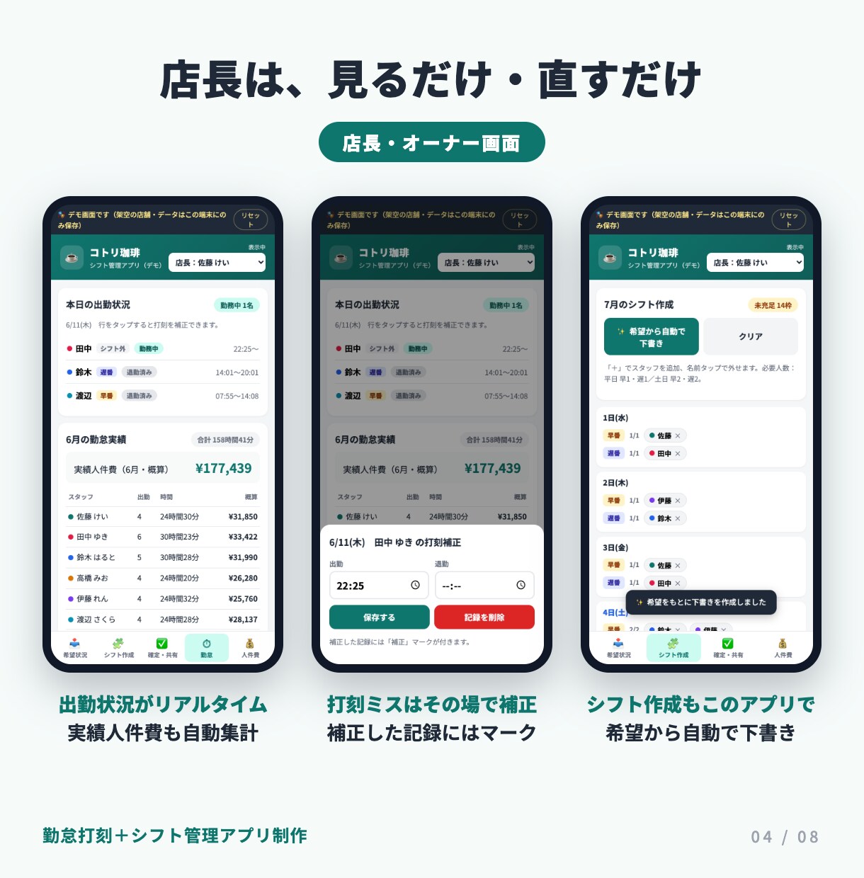勤怠打刻＋シフト管理のアプリを制作します タイムカードとシフト表を、スマホひとつに イメージ4