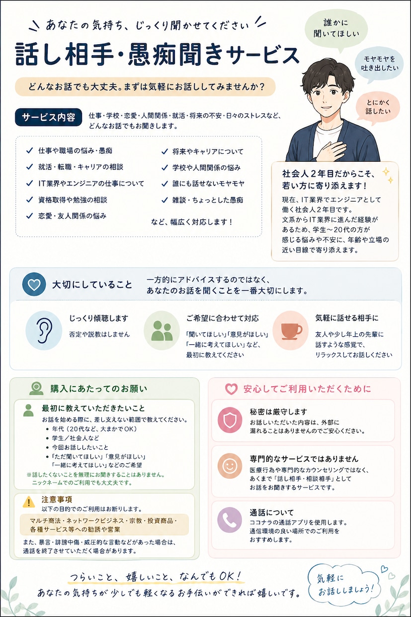あなたの悩みの相談役になります 誰にも話せなかったことを話してみませんか？ イメージ1