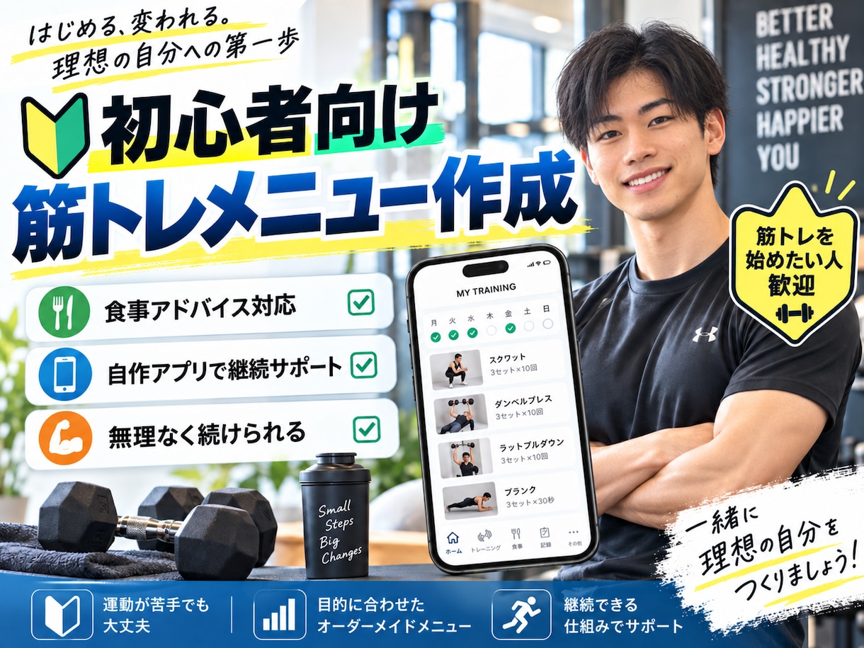 あなたに合った筋トレメニューを組みます 筋トレを始めたい方や初心者の方向けにメニューを作成します！ イメージ1