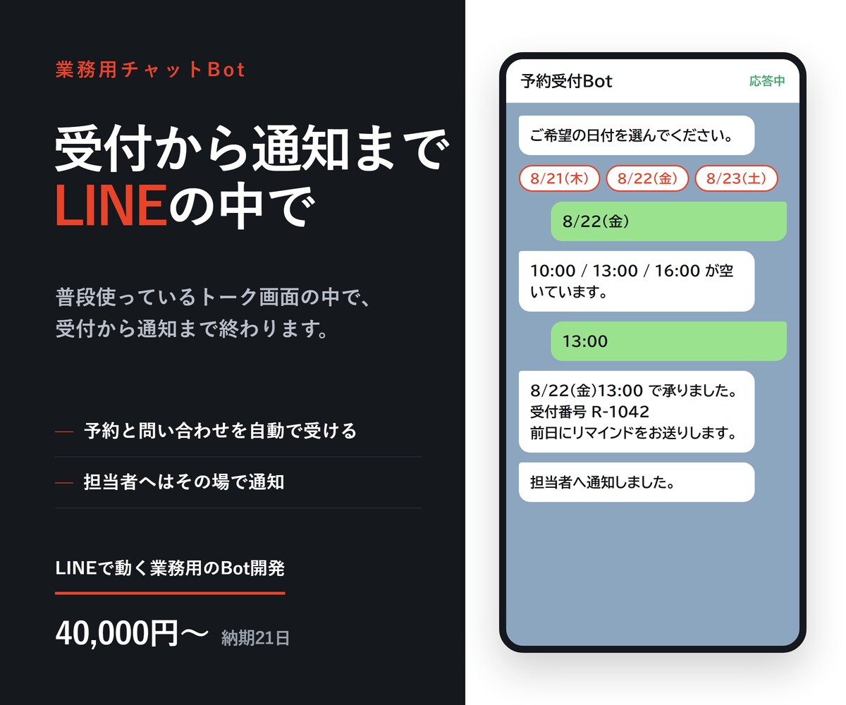 LINEで動く業務用のBotを開発します 予約も問い合わせも、LINEの中で受けられます イメージ1