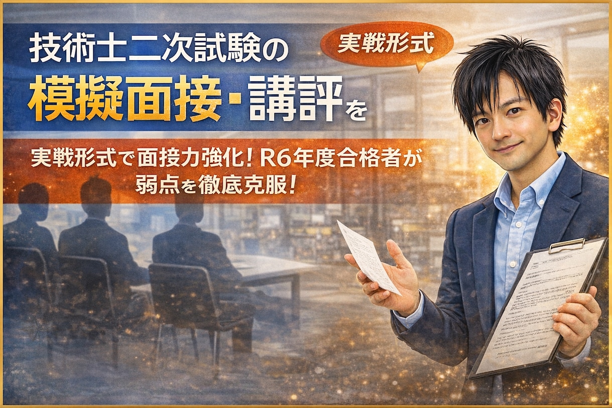 技術士二次試験の模擬面接・講評をいたします 実戦形式で面接力強化！R6年度合格者が弱点を徹底克服！ イメージ1