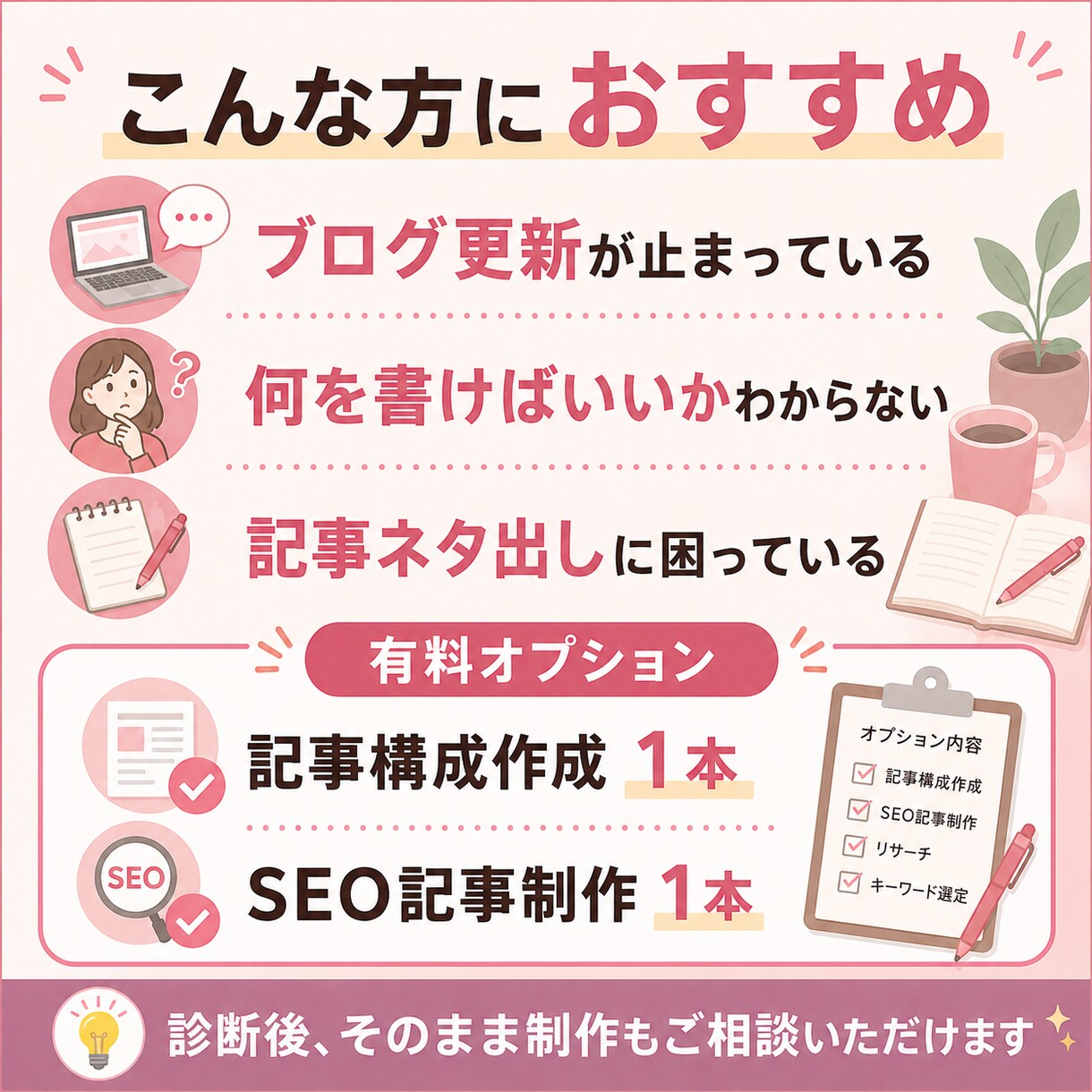 企業ブログを診断し記事企画をご提案します 更新が止まったブログに「次に書くべき記事」を5本ご提案 イメージ3
