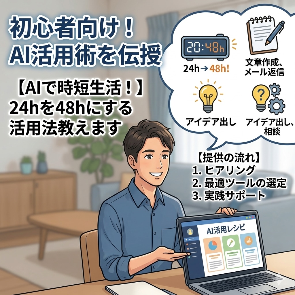 AIで時間を創る！時短活用術を伝授します 初心者向け！AI活用して、あなたの悩み解決をお手伝いします！ イメージ1