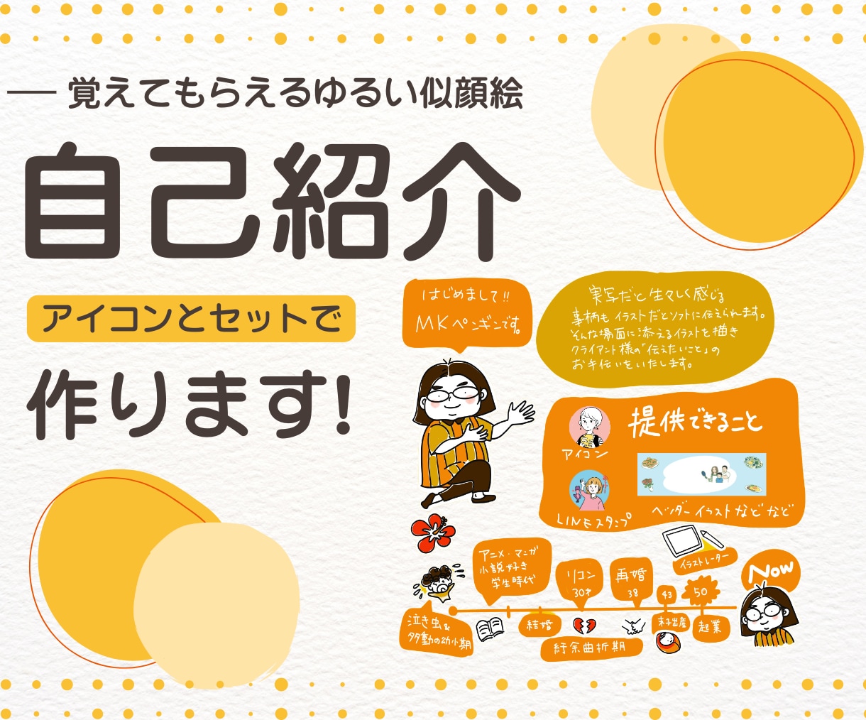 覚えてもらえる！ゆるい似顔絵の自己紹介作成します 名刺がわりに活用できます！アイコンとセットでお作りします！ イメージ1