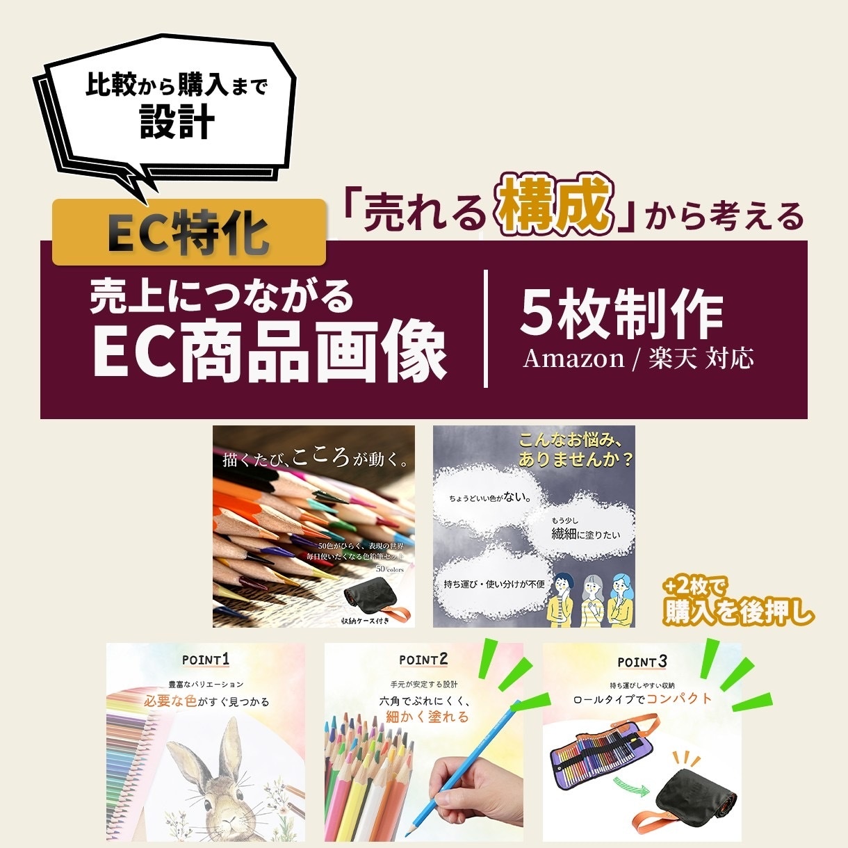 構成から考えるEC商品画像を5枚制作します 比較・納得まで設計し、購入を後押しする5枚構成 イメージ1