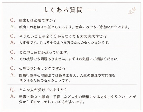 やりたいことが分からない方の頭を整理します 自分らしさと本当の願望を見つけ次の一歩をつくる90分 イメージ6