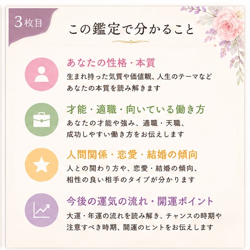 四柱推命で人生の取扱説明書を作ります 生年月日から本質と未来を丁寧に鑑定します イメージ3