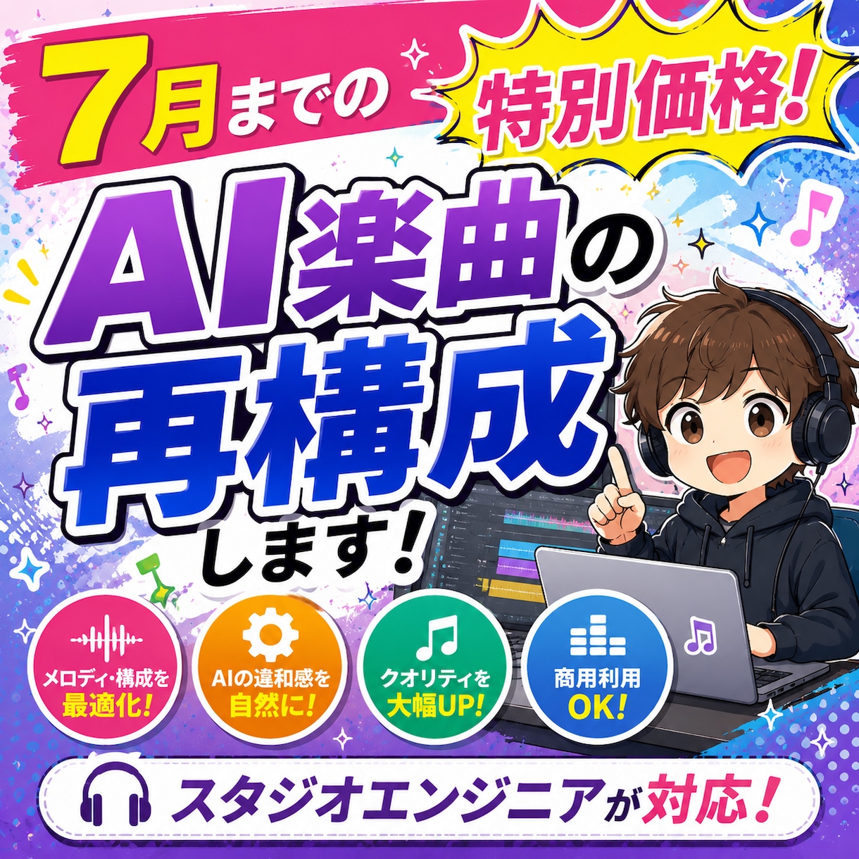 スタジオエンジニアがAI楽曲を製品品質に修正します 不自然な構成やコード進行音抜けなどを作り直して完成させます イメージ1