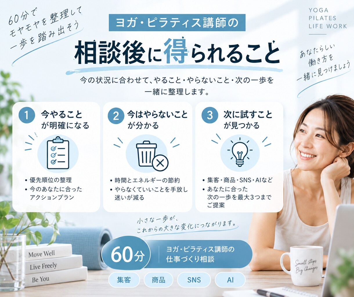 ヨガ・ピラティス講師の仕事づくりを整理します 集客・商品づくり・SNS・AI活用まで60分で整理 イメージ3