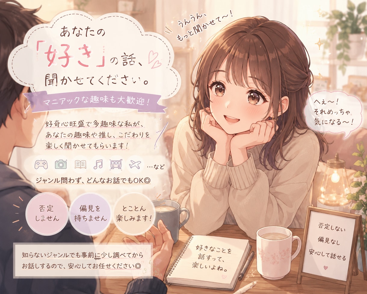 趣味語り専門☆あなたの“好き”を聞きます 否定・偏見なしで、マニアックな趣味も楽しく聞きます♡ イメージ1