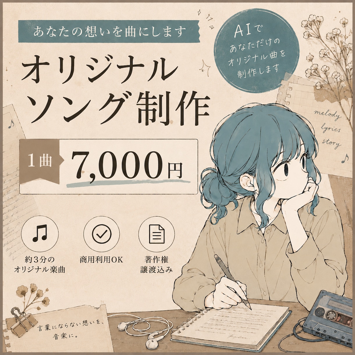 あなたの想いを曲にします イメージ、キーワード、歌詞にしたいフレーズだけでも大丈夫！ イメージ1