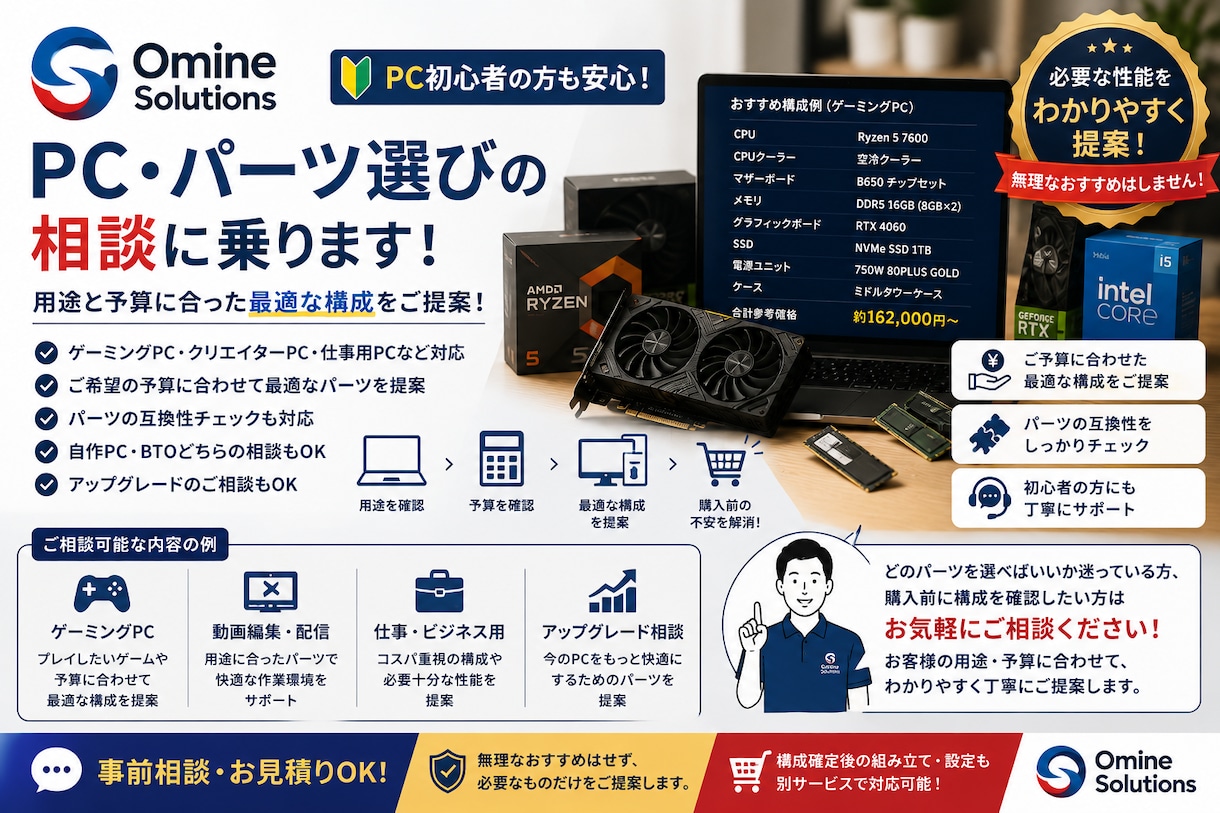 用途と予算に合ったPC・パーツ選びを提案しますます PC初心者向けに必要なパーツだけを丁寧に提案します イメージ1