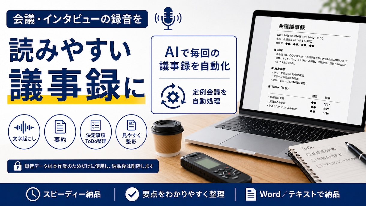 会議の録音をAIで議事録に文字起こしします 文字起こし＋AI要約＋決定事項の整理までWord納品 イメージ1