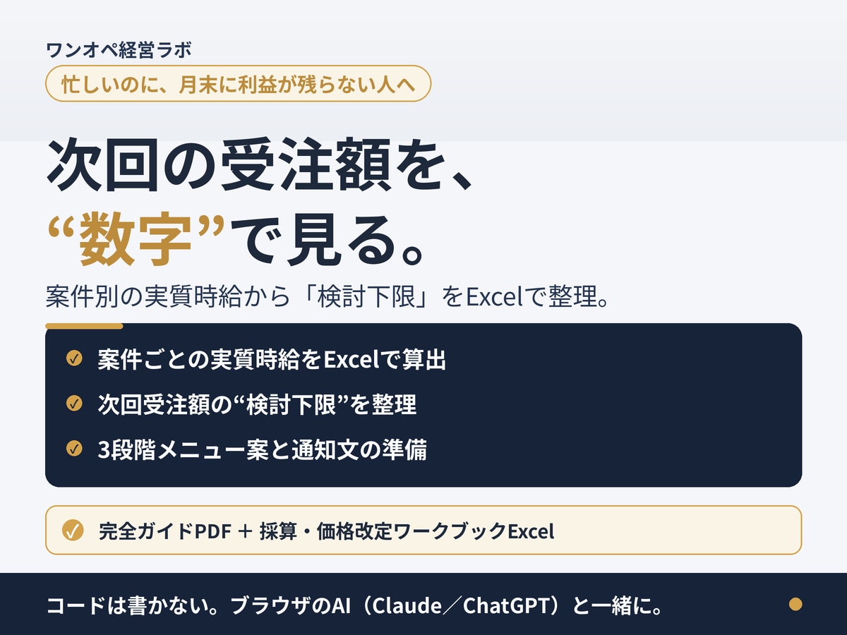 案件別実質時給で次回受注額の検討下限を整理します Excelで入力前提を可視化。3段階メニューと通知文まで イメージ1