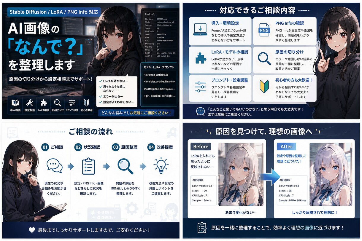 Stable Diffusion困りごと解決します 導入・LoRA・ADetailer・原因切り分け設定相談まで イメージ1